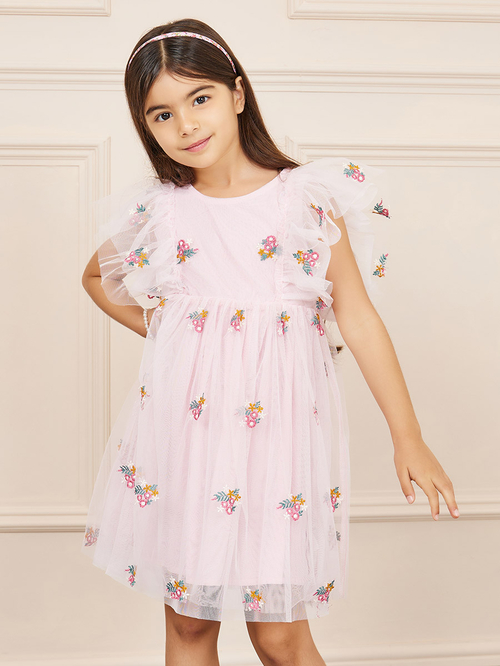 Buy Floral Embroidered Mesh Dress with Ruffle Sleeves Pink For Kids Styli Saudi