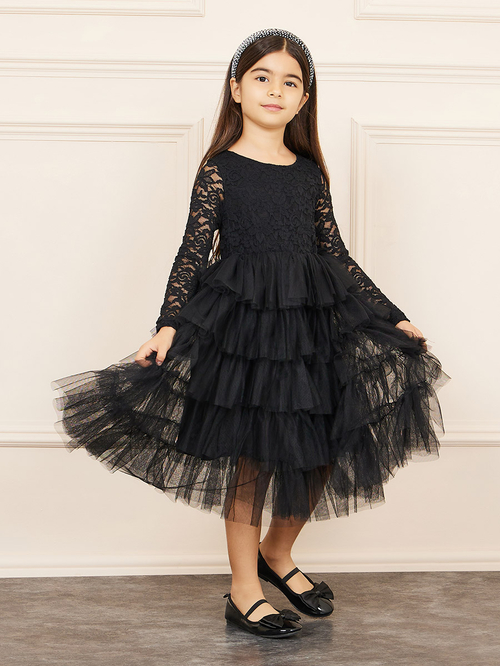 Buy Lace Detail Mesh Insert Ruffle Layer Tiered Dress Black For Kids Styli Saudi