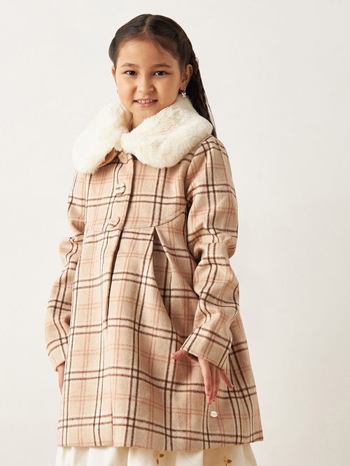 Buy Checked Pleated Coat with Faux Fur Collar Brown For Kids Styli Kuwait