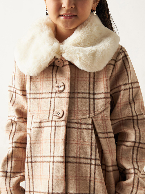 Checked coat with fur collar store