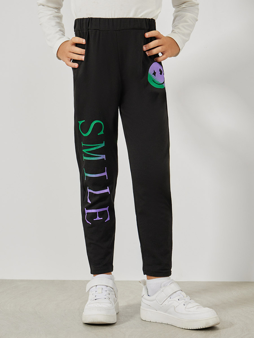 Buy Emoji Print Lightweight Joggers Black For Kids Styli Saudi
