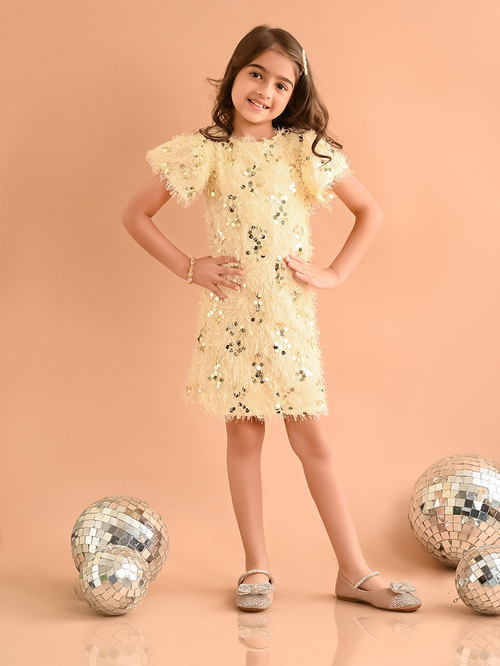 Buy Faux Fur Sequin Detail Dress Off White For Kids Styli Kuwait