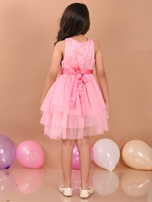 Buy Sequin Detail Mesh Layer Skater Dress Pink For Kids Styli UAE