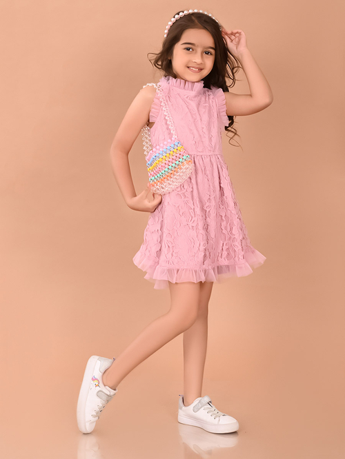 Buy Ruffle Trim All Over Lace Fit and Flare Dress Pink For Kids Styli Kuwait