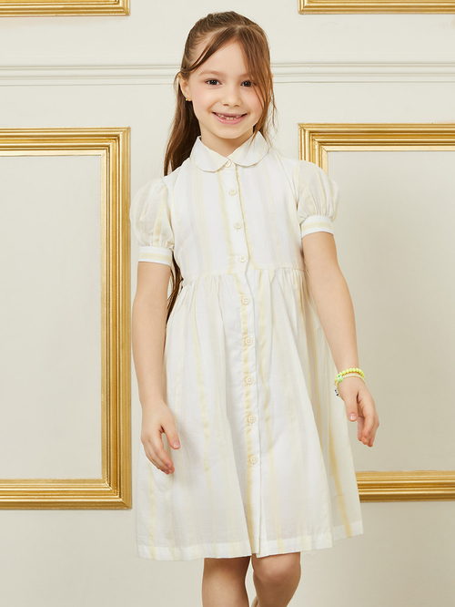 Buy Striped Peter Pan Collar Dress with Button Closure Off White For Kids Styli Kuwait