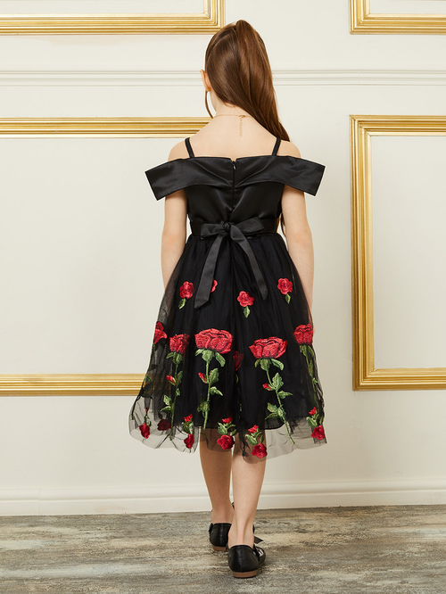 Buy Floral Embroidered Cold Shoulder A Line Mesh Dress Black For Kids Styli UAE