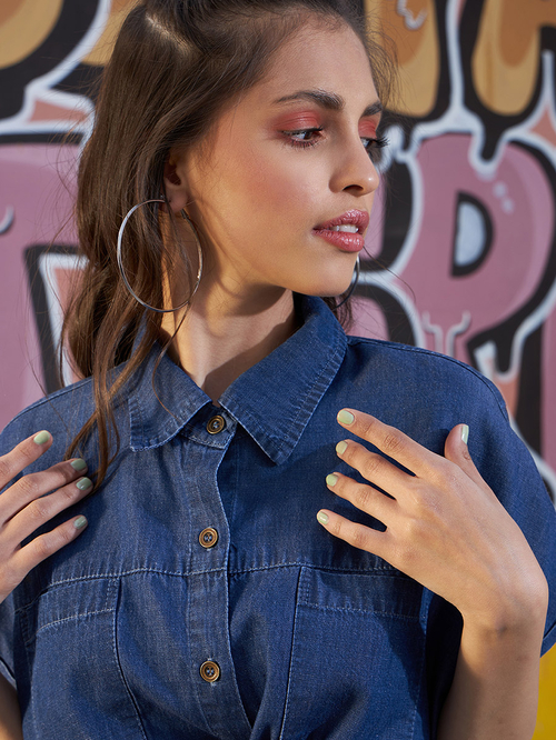 Blue jean tie up shirt cheap