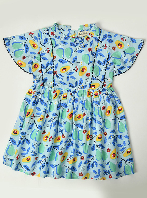 Buy Cotton Avocado Print Lace Detail Dress Blue For Kids Styli UAE