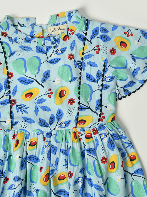 Buy Cotton Avocado Print Lace Detail Dress Blue For Kids Styli UAE