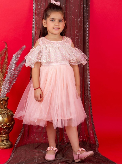Buy Sequin Detail Cold Shoulder Mesh Skater Dress Peach For Kids Styli Saudi