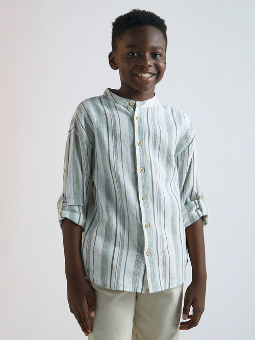 Striped banded collar dress shirt outlet
