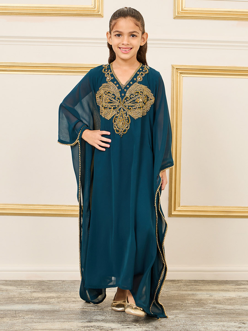 Buy V Neck Embellished Trim Kaftan Blue For Kids Styli UAE
