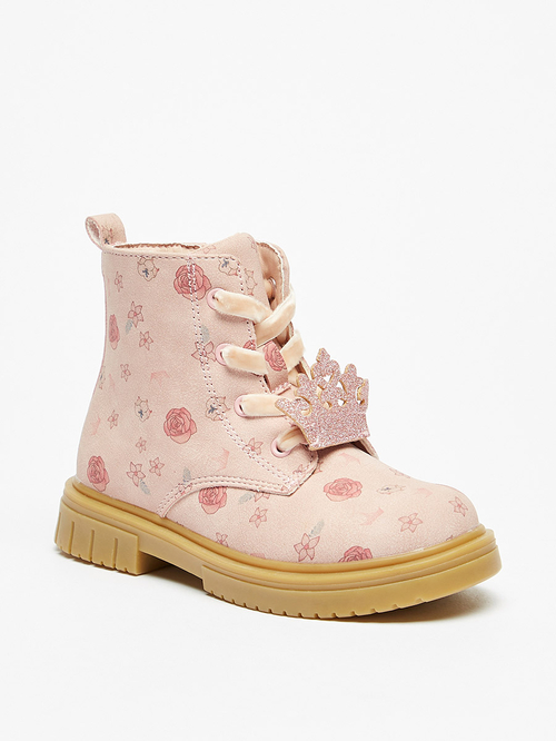 Buy Disney Floral Print Ankle Boots with Crown Applique Pink For Kids Styli Bahrain