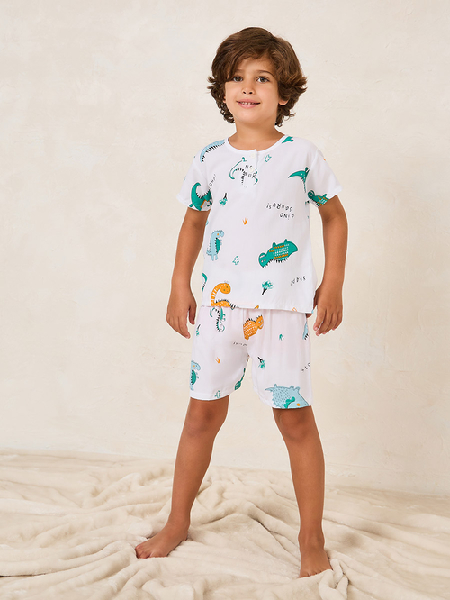 Buy Cartoon Printed T Shirt Short Pyjama Set White For Kids Styli UAE
