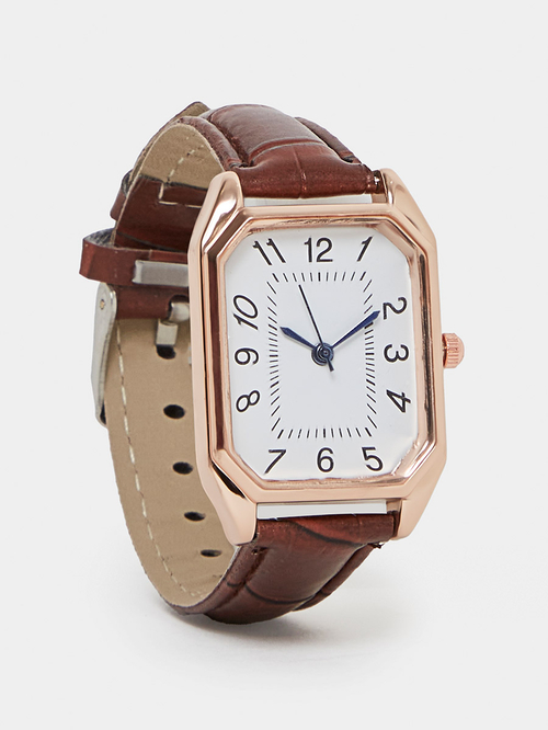 Buy Textured PU Leather Strap Rectangle Watch 32mm Brown For Beauty Styli UAE
