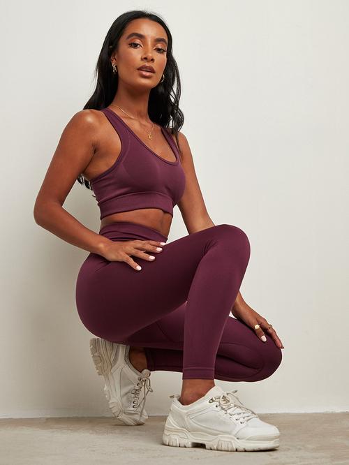 Buy Ribbed Band Activewear Leggings Purple For Women Styli Saudi