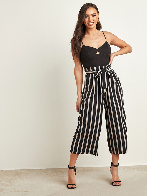 Buy Striped Wide Leg Belted Culotte Pants Black For Women Styli Kuwait