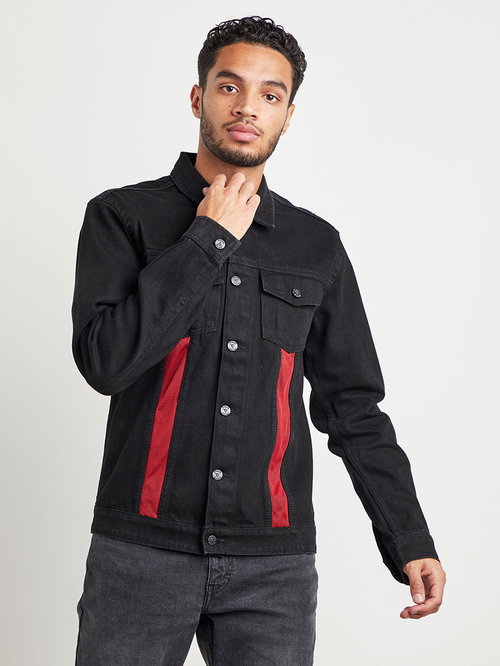 Buy Color Block Denim Jacket with Pocket Detail Black For Men Styli Saudi