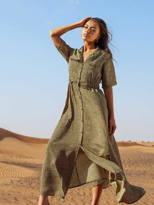 Buy Ditsy Leaf Print Button Through Shirt Maxi Dress Green For Women Styli Bahrain