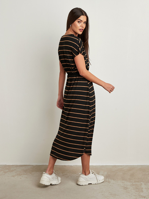 Buy Striped Curved Hem Maxi T shirt Dress Black For Women Styli UAE