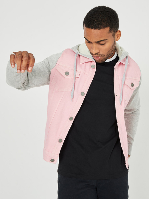 Buy Color Block Hooded Denim Jacket Pink For Men Styli Saudi