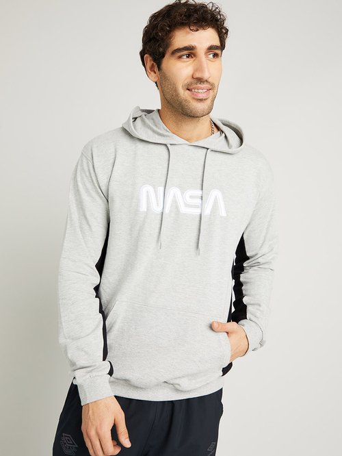 Buy NASA Embroidered Detail Hoodie with Front Pocket Detail Grey For Men Styli Saudi