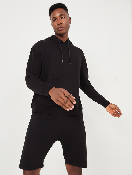 Buy Kangaroo Pocket Hooded Sweatshirt and Elastic Waistband Loop Terry Shorts Co Ord Set Black For Men Styli UAE