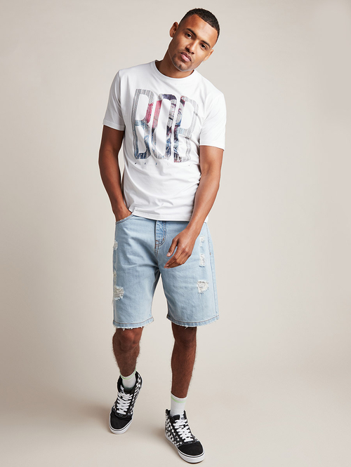 White knee length denim shorts on sale