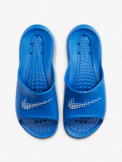 Blue nike slides with gold check on sale