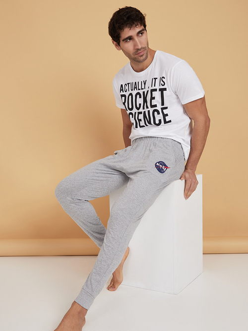 Buy NASA Slogan Print T shirt and Cuffed Pyjama Set Multi For Men Styli Kuwait
