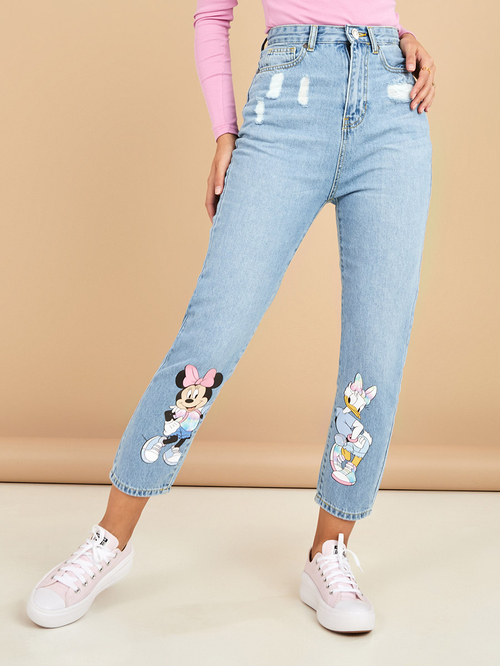 Buy Minnie and Daisy Character High Rise Mom Jeans Light Blue For Women Styli Saudi