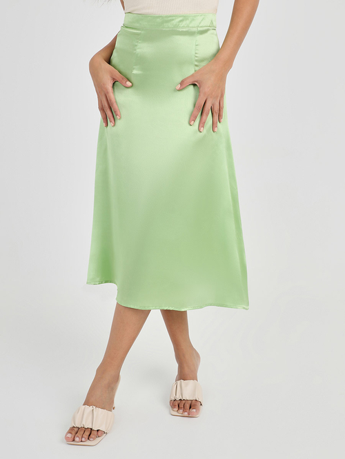 Buy Satin Bias Cut Midi Skirt Green For Women Styli Saudi