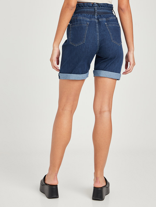 Buy Paper Bag High Waist Denim Shorts with Tie Belt Blue For Women Styli Saudi