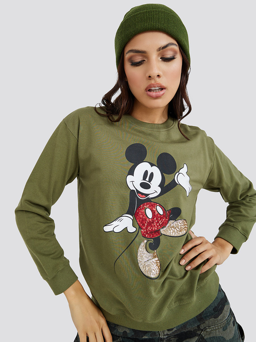 Buy Mickey Mouse Printed Sequin Detail Regular Length Sweatshirt Olive For Women Styli UAE