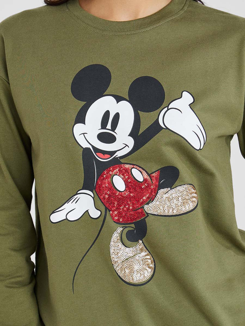 Buy Mickey Mouse Printed Sequin Detail Regular Length Sweatshirt Olive For Women Styli UAE