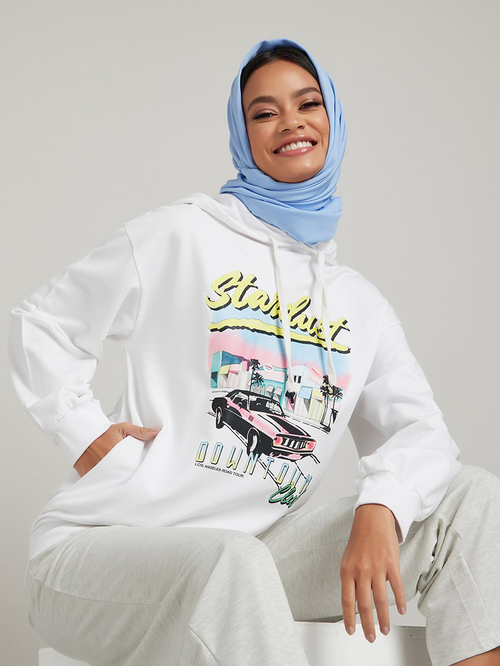 Buy Longline Graphic Print Pullover Hoodie with Side Pocket White For Women Styli Saudi