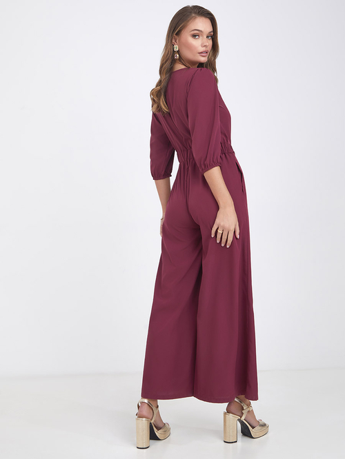 Buy 3 4 Cuffed Sleeves Wide Leg Jumpsuit with Buckled Belt Maroon For Women Styli Saudi