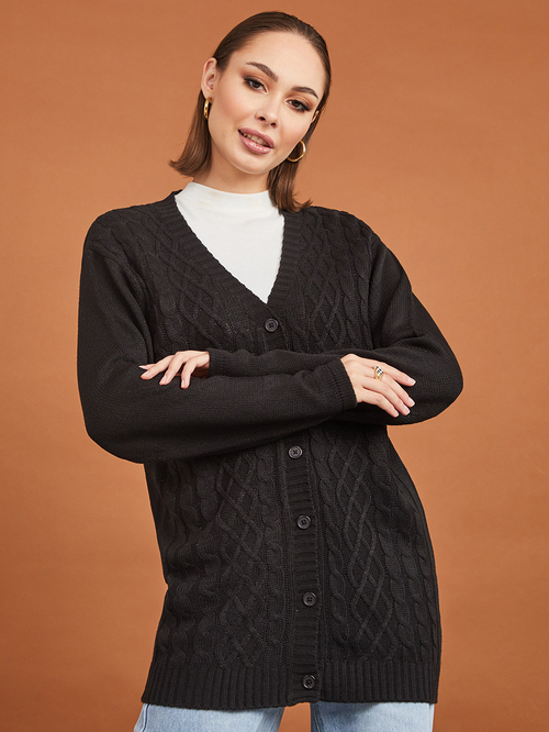 Buy Cable Knit Button Down Longline Cardigan Black For Women Styli Saudi