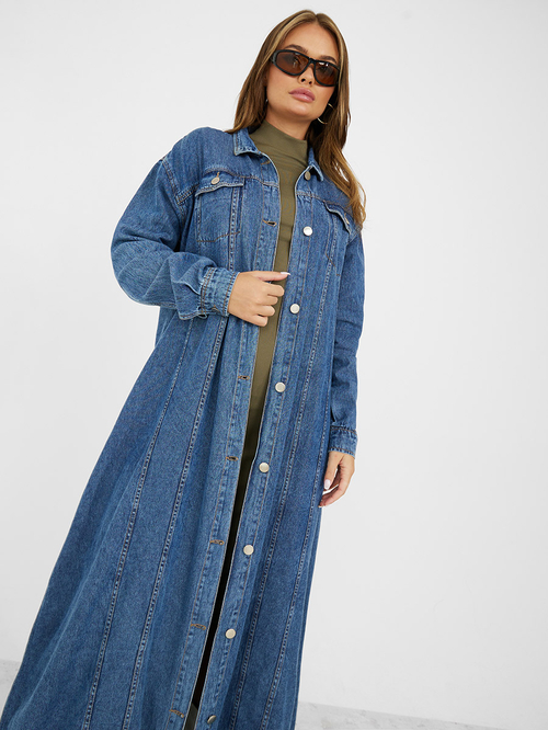 Buy Button Through Maxi Length Denim Jacket Dark Blue For Women Styli Bahrain