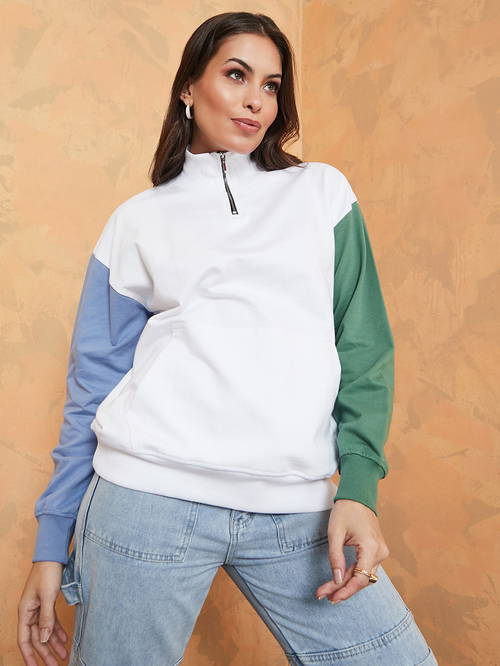 Buy Regular Length Colorblock Half Zip Regular Fit Sweatshirt White For Women Styli UAE