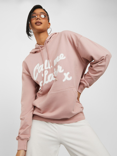 Buy Regular Length Call Me Later Slogan Regular Fit Hoodie Pink For Women Styli Saudi