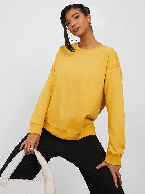 Buy Regular Length Slogan Back Print Regular Fit Sweatshirt Mustard For Women Styli UAE