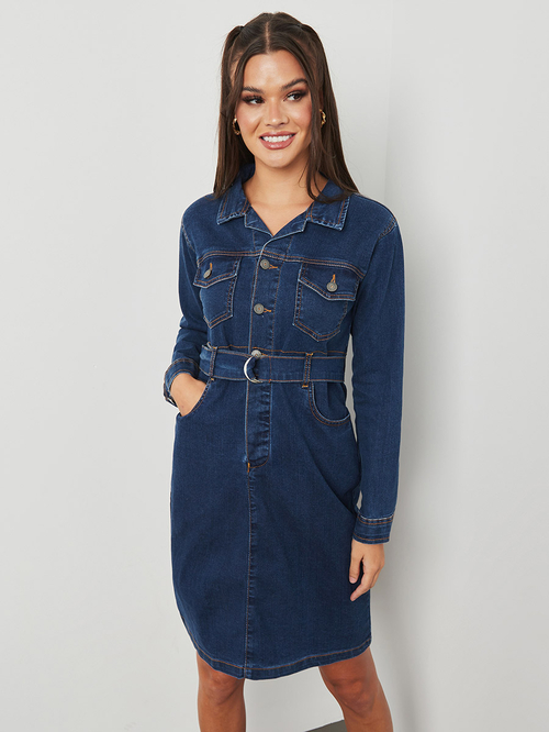 Buy Long Sleeves Denim Bodycon Knee Length Dress Blue For Women Styli Saudi