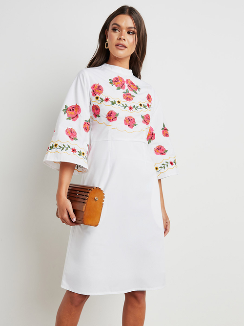 Buy Embroidered High Neck A Line Midi Dress White For Women Styli Saudi
