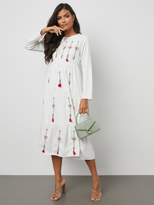 Buy Embroidered Pattern Tassel Detail A Line Midi Dress White For Women Styli Saudi