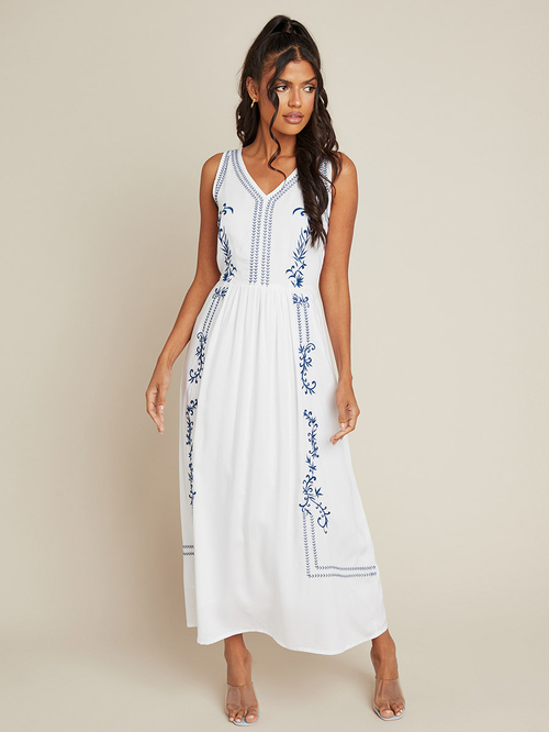 Buy Embroidered V Neck Sleeveless A Line Maxi Dress White For Women Styli UAE