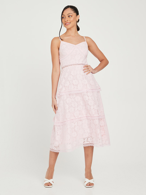 Blush pink strappy lace midi dress clearance