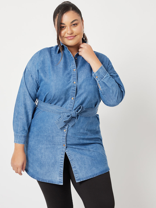 Buy Plus Belted Denim Longline Shirt with Waist Tie Up Blue For Women Styli UAE