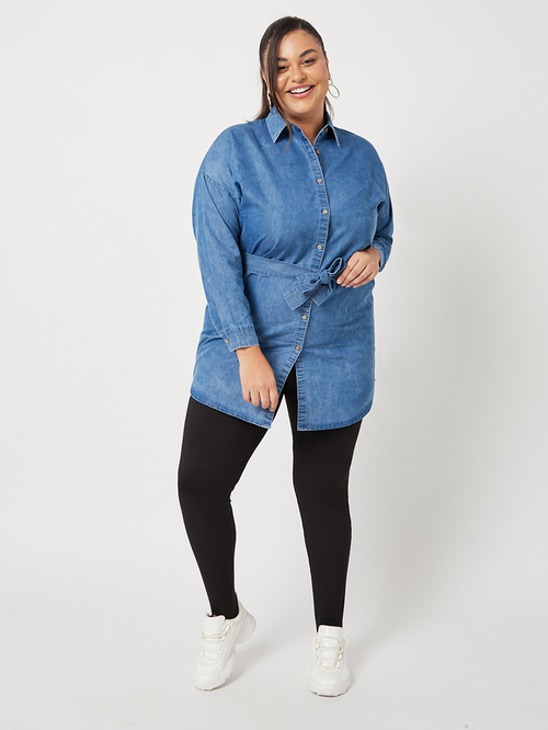 Buy Plus Belted Denim Longline Shirt with Waist Tie Up Blue For Women Styli UAE