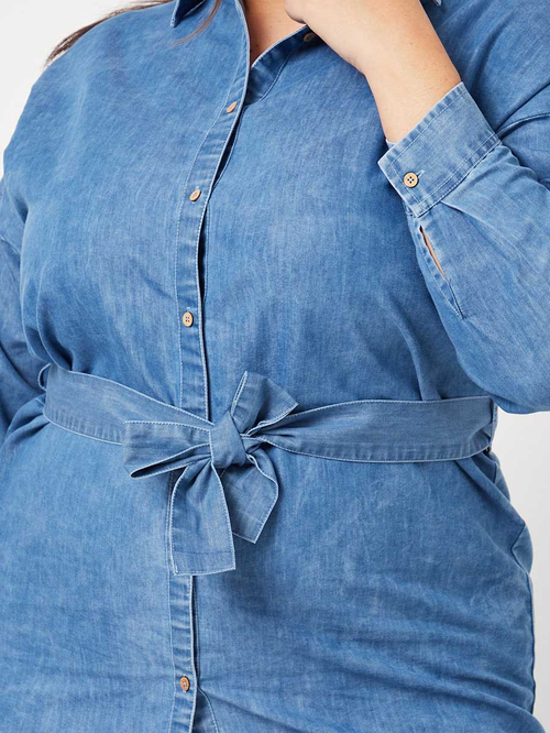 Buy Plus Belted Denim Longline Shirt with Waist Tie Up Blue For Women Styli UAE